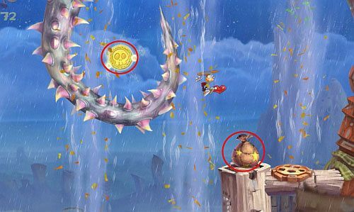 Następnie korzystając z rur (zielony podmuch to wejście, czerwony to wyjście), dotrzyj do bujawki - Podstępne wiatry (300 L, 2:35) | Ględzoce Groty | Rayman Origins - Rayman Origins - poradnik do gry