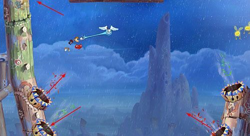 Po uwolnieniu Elektrun, kontynuuj podróż w prawo, a dotrzesz do drzwi - Podstępne wiatry (300 L, 2:35) | Ględzoce Groty | Rayman Origins - Rayman Origins - poradnik do gry