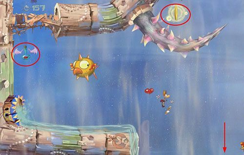 Po zniszczeniu mostku dotrzesz do LK i L, które zbierzesz szybując dalej w górę - Podstępne wiatry (300 L, 2:35) | Ględzoce Groty | Rayman Origins - Rayman Origins - poradnik do gry