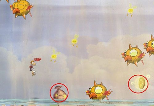 Dalej szybuj w prawo, aż dostrzeżesz lukę w suficie, która zaprowadzi Cię do ukrytego pomieszczenia z E - Podstępne wiatry (300 L, 2:35) | Ględzoce Groty | Rayman Origins - Rayman Origins - poradnik do gry