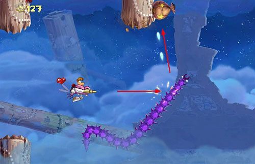 W dalszej części poziomu będziesz musiał strzelać do pierścieni, które rozświetlą twoją drogę - Nie strzelaj do DJ-a (300 L); Wysokie napięcie (300 L, 1:45) | Ględzoce Groty - Rayman Origins - poradnik do gry