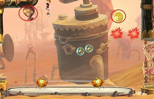 Dalej odbijając się od ścian, kiedy nie ma napięcia dotrzesz do roślinki - Nie strzelaj do DJ-a (300 L); Wysokie napięcie (300 L, 1:45) | Ględzoce Groty - Rayman Origins - poradnik do gry