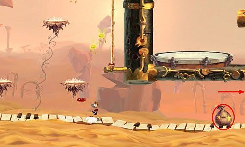 Po uwolnieniu Elektrun, wspinaj się po platformach, na które dostaniesz się odbijając się od strun, do góry - Nie strzelaj do DJ-a (300 L); Wysokie napięcie (300 L, 1:45) | Ględzoce Groty - Rayman Origins - poradnik do gry