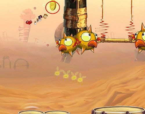 Następnie odbijaj się od strun, kiedy te nie będą pod napięciem, wystarczająco wysoko, by sięgnąć LK - Nie strzelaj do DJ-a (300 L); Wysokie napięcie (300 L, 1:45) | Ględzoce Groty - Rayman Origins - poradnik do gry