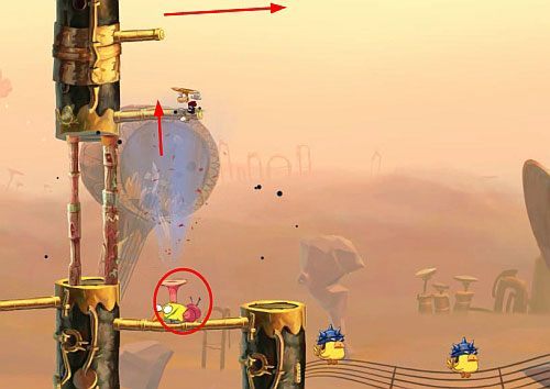 Dalej spadając na środkowy ruchomy bęben uwolnisz 10 L - Nie strzelaj do DJ-a (300 L); Wysokie napięcie (300 L, 1:45) | Ględzoce Groty - Rayman Origins - poradnik do gry