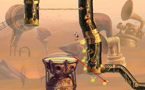 Po uwolnieniu Elektrun wspinaj się po strunach do góry, uważając na napięcie, gdzie znajdziesz Żalumek z M - Nie strzelaj do DJ-a (300 L); Wysokie napięcie (300 L, 1:45) | Ględzoce Groty - Rayman Origins - poradnik do gry