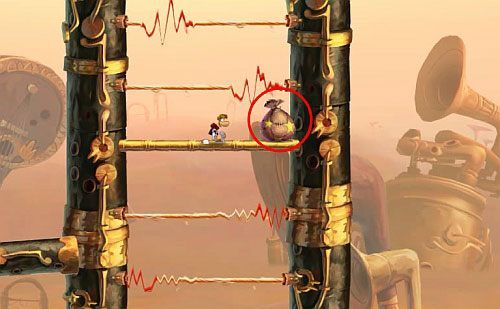 Za drzwiami zniszcz Żalumek, a za strunami miniesz roślinkę - Nie strzelaj do DJ-a (300 L); Wysokie napięcie (300 L, 1:45) | Ględzoce Groty - Rayman Origins - poradnik do gry