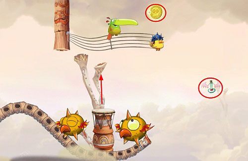 Następnie skacząc na bębny zbieraj L - Oczy węża (300 L, 3:00) | Ględzoce Groty | Rayman Origins - Rayman Origins - poradnik do gry