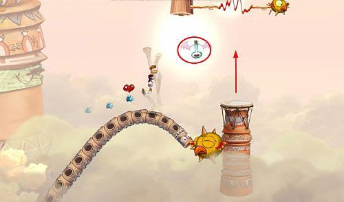 Dalej naciskając dwa przyciski, otworzysz sobie drogę do dwóch M - Oczy węża (300 L, 3:00) | Ględzoce Groty | Rayman Origins - Rayman Origins - poradnik do gry