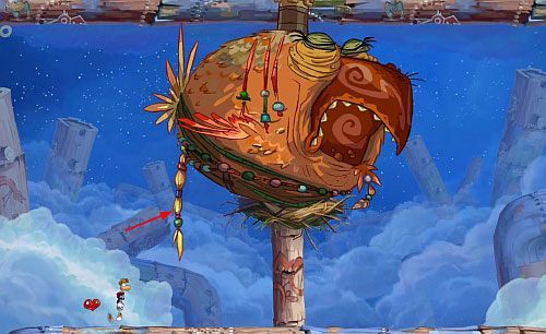 Kucnij na środku platformy (strzałka w dół) a kiedy ptaszysko przeleci nad tobą zaatakuj bąbel - Zbańkować drozda (100 L); Podkręcony skarb | Ględzoce Groty | Rayman Origins - Rayman Origins - poradnik do gry