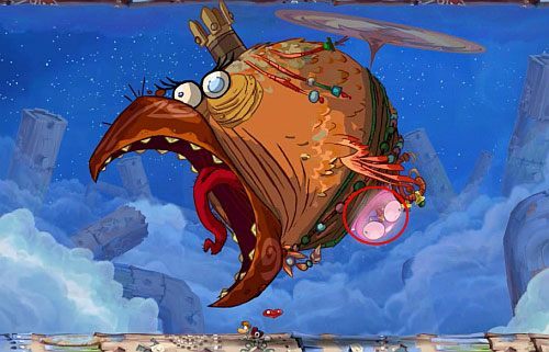 Biegnij w kierunku prawej krawędzi platformy i kiedy pojawi się wiatr zacznij szybować w górę do M - Zbańkować drozda (100 L); Podkręcony skarb | Ględzoce Groty | Rayman Origins - Rayman Origins - poradnik do gry