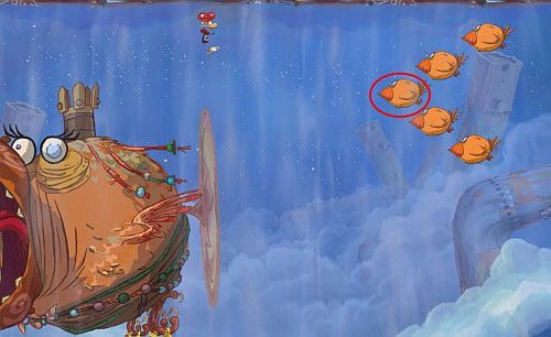 Po chwili boss powróci i zaatakuje górną część pomieszczenia pośrodku - Zbańkować drozda (100 L); Podkręcony skarb | Ględzoce Groty | Rayman Origins - Rayman Origins - poradnik do gry