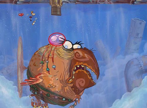 Po zniszczeniu bąbla zeskocz na lewą stronę bossa, gdzie po chwili pojawi się M - Zbańkować drozda (100 L); Podkręcony skarb | Ględzoce Groty | Rayman Origins - Rayman Origins - poradnik do gry