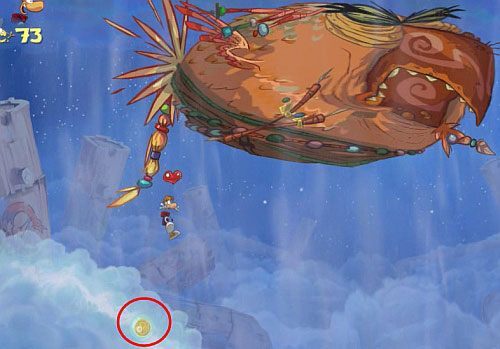 Kiedy boss pojawi się z powrotem, bądź już ustawiony w prawej dolnej części ekranu - Zbańkować drozda (100 L); Podkręcony skarb | Ględzoce Groty | Rayman Origins - Rayman Origins - poradnik do gry