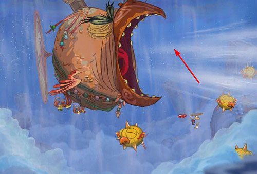 Kiedy boss zaliczy pełen obrót pociągnij go za ogon, co otworzy jego dziób, w którym znajdziesz ostatni bąbel do zniszczenia - Zbańkować drozda (100 L); Podkręcony skarb | Ględzoce Groty | Rayman Origins - Rayman Origins - poradnik do gry