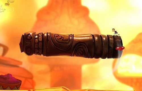 Dalej wykorzystaj ruszającą się w poziomie kolumnę z przeciwnikiem, od którego się odbijaj, by zbierać L - Smocza zupa (300 L, 2:25) | Słodkie Jeziora | Rayman Origins - Rayman Origins - poradnik do gry