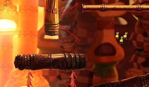 Następnie przy ruchomej kolumnie, zaczekaj, aż ta zacznie poruszać się z pozycji pionowej do poziomej i skocz na M, by ją zebrać - Smocza zupa (300 L, 2:25) | Słodkie Jeziora | Rayman Origins - Rayman Origins - poradnik do gry