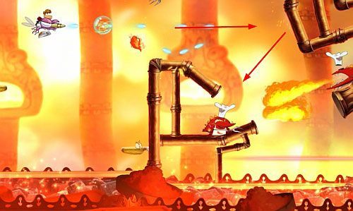 Unikaj ognia i szybko mijaj wiązki laserów (wystrzeliwane noże, również możesz wykorzystać do pozbywania się przeciwników) - Coś się tak napalił! (300 L) | Słodkie Jeziora | Rayman Origins - Rayman Origins - poradnik do gry