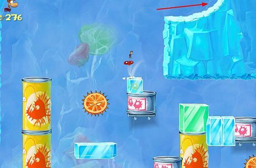 Kawałek dalej wykorzystaj słomkę, by dostać się do następnej M (najpierw zniszcz lód na samym spodzie, by uwolnić przeciwnika) - Kapryśny owoc (300 L, 2:00) | Słodkie Jeziora | Rayman Origins - Rayman Origins - poradnik do gry