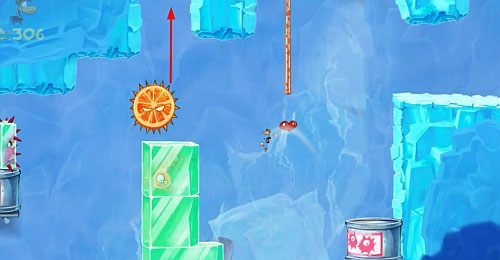 Za drzwiami znajdziesz ostatnią klatkę z E - Kapryśny owoc (300 L, 2:00) | Słodkie Jeziora | Rayman Origins - Rayman Origins - poradnik do gry