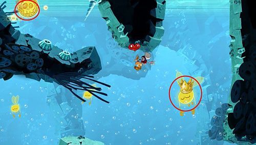 Płyń dalej w prawo, aż dotrzesz do drzwi z okiem - Skąd te kraby? (300 L, 1:30) | Straszliwa Otchłań | Rayman Origins - Rayman Origins - poradnik do gry