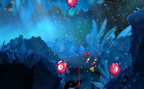 Przed kolejnymi drzwiami z okiem miniesz roślinkę - Skąd te kraby? (300 L, 1:30) | Straszliwa Otchłań | Rayman Origins - Rayman Origins - poradnik do gry