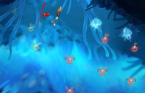 Ponownie uważając na silny prąd, który będzie spychał przeciwników w twoją stronę, znajdziesz kolejne zejście do M - Skąd te kraby? (300 L, 1:30) | Straszliwa Otchłań | Rayman Origins - Rayman Origins - poradnik do gry