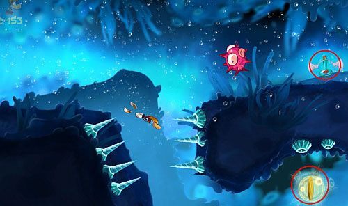 Za drzwiami z okiem, przepłyń przez tunel i miń roślinkę (10 L), które zbierzesz pozbywając się kraba - Skąd te kraby? (300 L, 1:30) | Straszliwa Otchłań | Rayman Origins - Rayman Origins - poradnik do gry