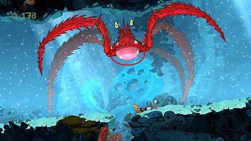 Kiedy wydostaniesz się na powierzchnie, po lewej stronie znajdziesz roślinkę (10 L) - Skąd te kraby? (300 L, 1:30) | Straszliwa Otchłań | Rayman Origins - Rayman Origins - poradnik do gry