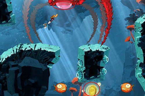 Kawałek dalej znajdziesz kolejną M i roślinkę przy dnie - Skąd te kraby? (300 L, 1:30) | Straszliwa Otchłań | Rayman Origins - Rayman Origins - poradnik do gry