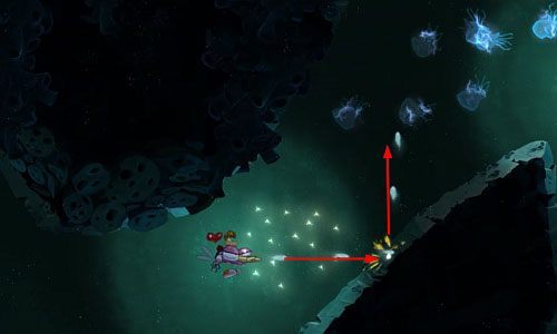 Kiedy wpłyniesz na dużą głębokość trzymaj się źródeł światła - Podwodna strzelanina (300 L) | Straszliwa Otchłań | Rayman Origins - Rayman Origins - poradnik do gry