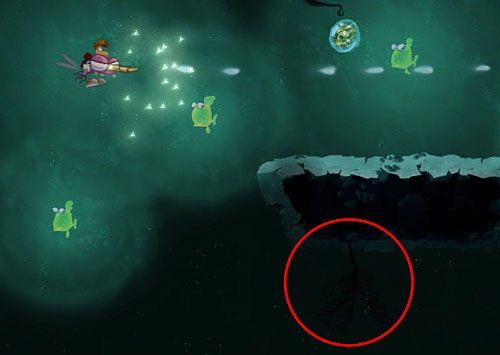 Na pewnym etapie tego poziomu, zaczną spadać na Ciebie skały, na których też można znaleźć roślinki - Podwodna strzelanina (300 L) | Straszliwa Otchłań | Rayman Origins - Rayman Origins - poradnik do gry
