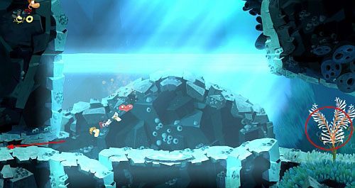 Po minięciu roślinek, zaczną ścigać Cię piranie - Strzeż się Małego Murraya (300 L, 1:50) | Straszliwa Otchłań | Rayman Origins - Rayman Origins - poradnik do gry