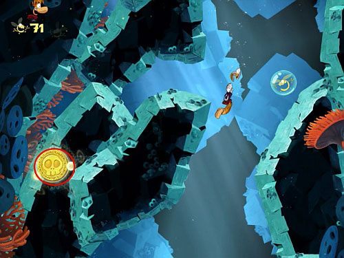 Uciekając przed piraniami, na dnie, miniesz roślinkę - Strzeż się Małego Murraya (300 L, 1:50) | Straszliwa Otchłań | Rayman Origins - Rayman Origins - poradnik do gry