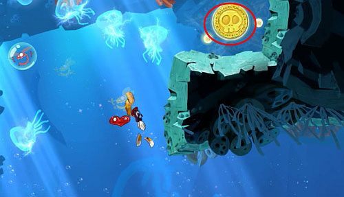 Pod monetą znajdziesz kolejne dwie roślinki - Strzeż się Małego Murraya (300 L, 1:50) | Straszliwa Otchłań | Rayman Origins - Rayman Origins - poradnik do gry