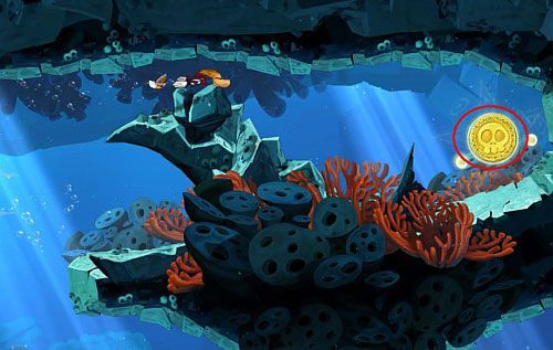 Za drzwiami przepłyń blisko prawej i lewej ściany by mijać roślinki - Strzeż się Małego Murraya (300 L, 1:50) | Straszliwa Otchłań | Rayman Origins - Rayman Origins - poradnik do gry