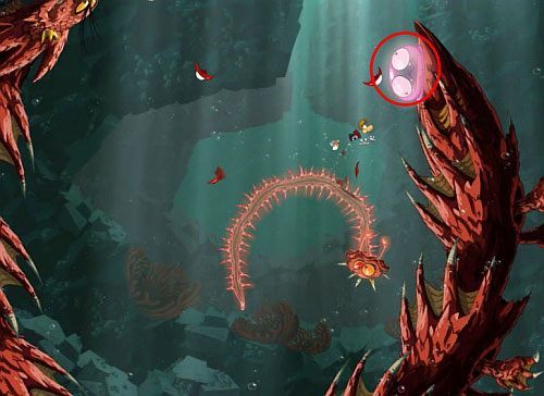 Po zniszczeniu bąbla, przepłyń w prawą górną część pomieszczenia - Murray z Głębin (100 L); Ryzykowne ruiny | Straszliwa Otchłań | Rayman Origins - Rayman Origins - poradnik do gry