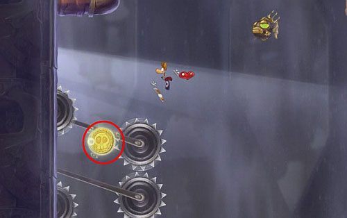 Na samej górze po lewej stronie, znajdziesz przejście do pomieszczania z E - Na szczycie Starego Gejzera (300 L, 1:30) | Humorzaste Chmury | Rayman Origins - Rayman Origins - poradnik do gry