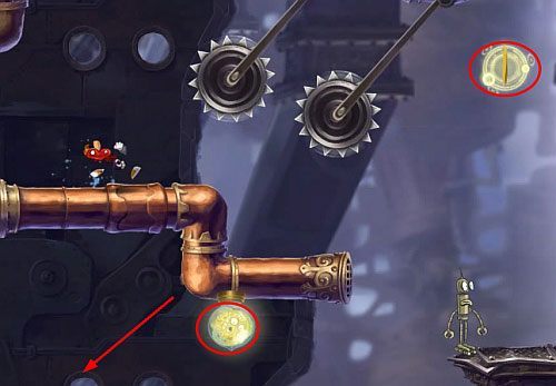 Za drzwiami wyczuj moment, by przeskoczyć między piłami - Na szczycie Starego Gejzera (300 L, 1:30) | Humorzaste Chmury | Rayman Origins - Rayman Origins - poradnik do gry