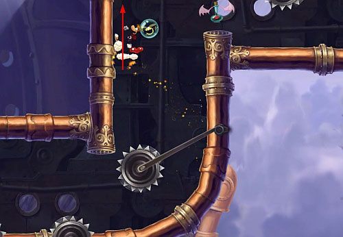 Za drzwiami znajdziecie ostatnią klatkę z E - Na szczycie Starego Gejzera (300 L, 1:30) | Humorzaste Chmury | Rayman Origins - Rayman Origins - poradnik do gry