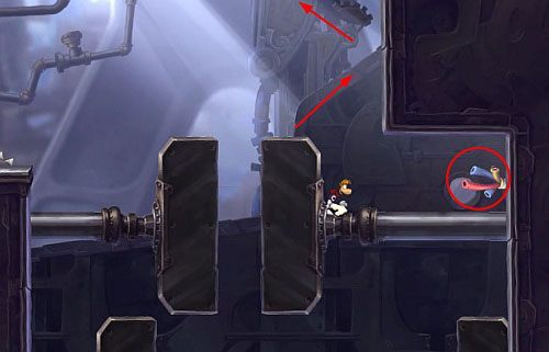 Szybując i spadając w dół uważaj, by nie zostać zmiażdżonym - Roboty nie popełniają błędów (300 L, 2:35) | Humorzaste Chmury | Rayman Origins - Rayman Origins - poradnik do gry