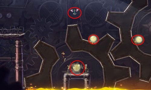 Po zdobyciu monety, nie zapomnij o niszczeniu wszystkich żarówek i zebraniu S - Roboty nie popełniają błędów (300 L, 2:35) | Humorzaste Chmury | Rayman Origins - Rayman Origins - poradnik do gry