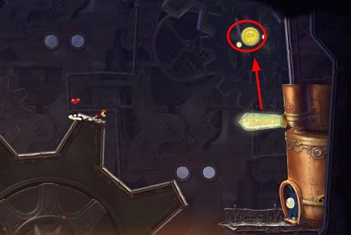 Za drzwiami ponownie będziesz skakał po wysuwających się platformach - Roboty nie popełniają błędów (300 L, 2:35) | Humorzaste Chmury | Rayman Origins - Rayman Origins - poradnik do gry