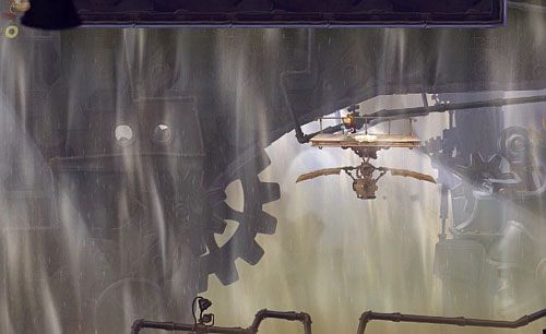 Pod struną naciśnij przycisk, by wyłączyć napięcie i wróć do pomieszczenia, gdzie oglądałeś scenkę - Odkrycie; Wynoś się! | Humorzaste Chmury | Rayman Origins - Rayman Origins - poradnik do gry