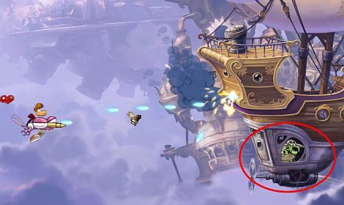 W końcu dotrzesz do momentu, gdzie ostrzelasz sterowiec wystarczająco dużo razy, by zakończyć poziom - Strzelanie do gwiazd (300L); Zbyt Cwana Świątynia | Humorzaste Chmury - Rayman Origins - poradnik do gry