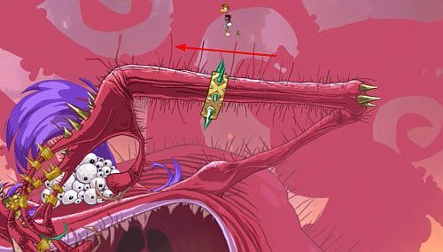 Po przeskoczeniu bransoletki, wybij się z nadgarstka w lewo i zacznij szybować/opadać na dół - Chrapiące Drzewo - Kraina Żywych Umarlaków | Chrapiące Drzewo | Rayman Origins - Rayman Origins - poradnik do gry