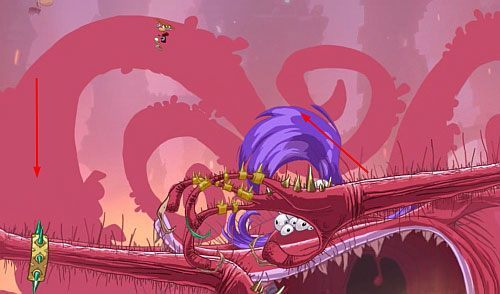 Musisz jak najszybciej dostać się na rękę z, której się wybiłeś - Chrapiące Drzewo - Kraina Żywych Umarlaków | Chrapiące Drzewo | Rayman Origins - Rayman Origins - poradnik do gry