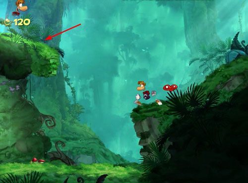 Dalej znajduję się kolejna platforma do naskakiwania (pod LK) - Bujalne Jaskinie (300 L,1:15); Ponad tęczą (175 L) | Pokręcona Dżungla - Rayman Origins - poradnik do gry