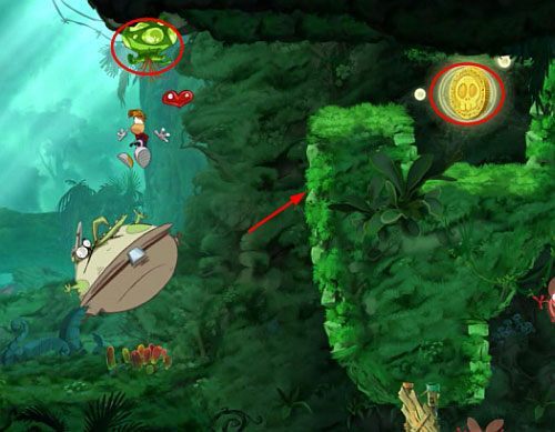 Uderzenie kolejnej rośliny spowoduje pojawienie się 3 L, a za Żalumkiem znajduję się M - Bujalne Jaskinie (300 L,1:15); Ponad tęczą (175 L) | Pokręcona Dżungla - Rayman Origins - poradnik do gry