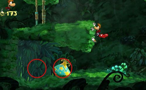 Następnie korzystając z ruchomej platformy tuż nad powierzchnią wody można zebrać następną M - Bujalne Jaskinie (300 L,1:15); Ponad tęczą (175 L) | Pokręcona Dżungla - Rayman Origins - poradnik do gry